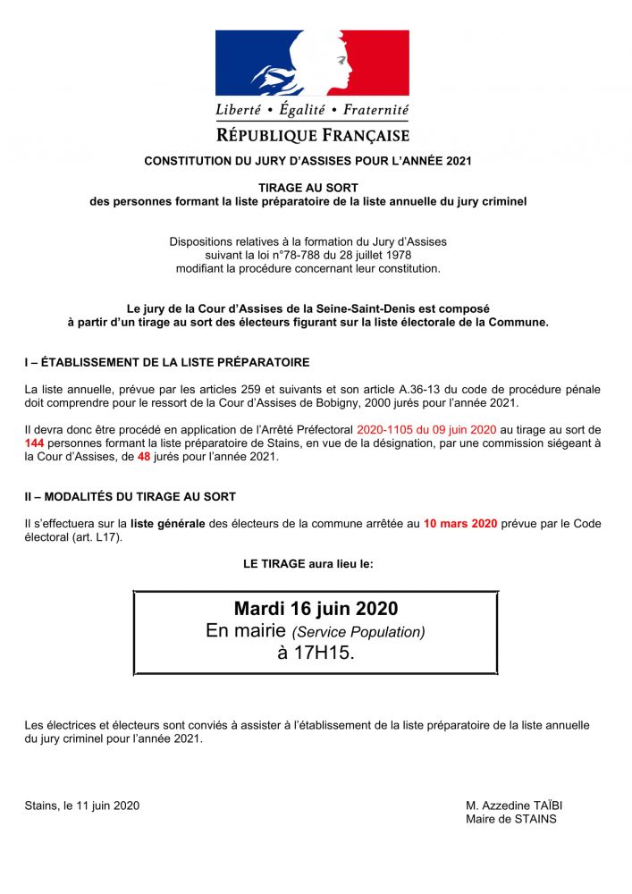 CONSTITUTION DU JURY D’ASSISES POUR L’ANNÉE 2021 - Ville de Stains