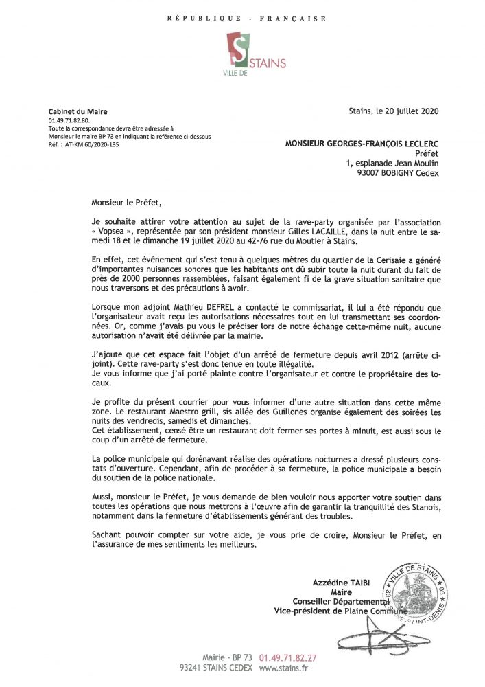 Le mairie adresse un courrier au préfet 22.07 - Ville de Stains