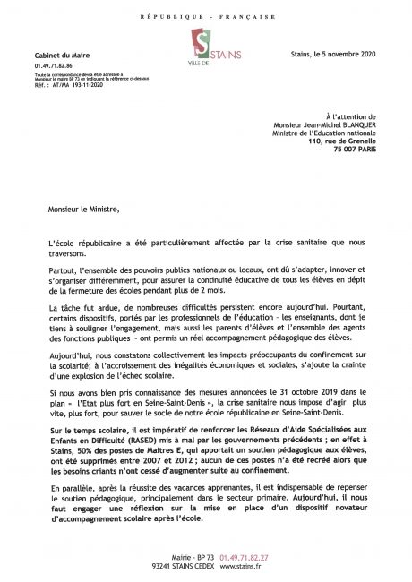 Courrier à l'attention de M. Jean Michel BLANQUER - Ministre de l'Education Nationale - Page 1