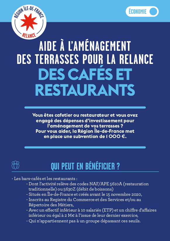 Aide à l’aménagement des terrasses pour la relance des cafés et restaurants - 1 - Ville de Stains