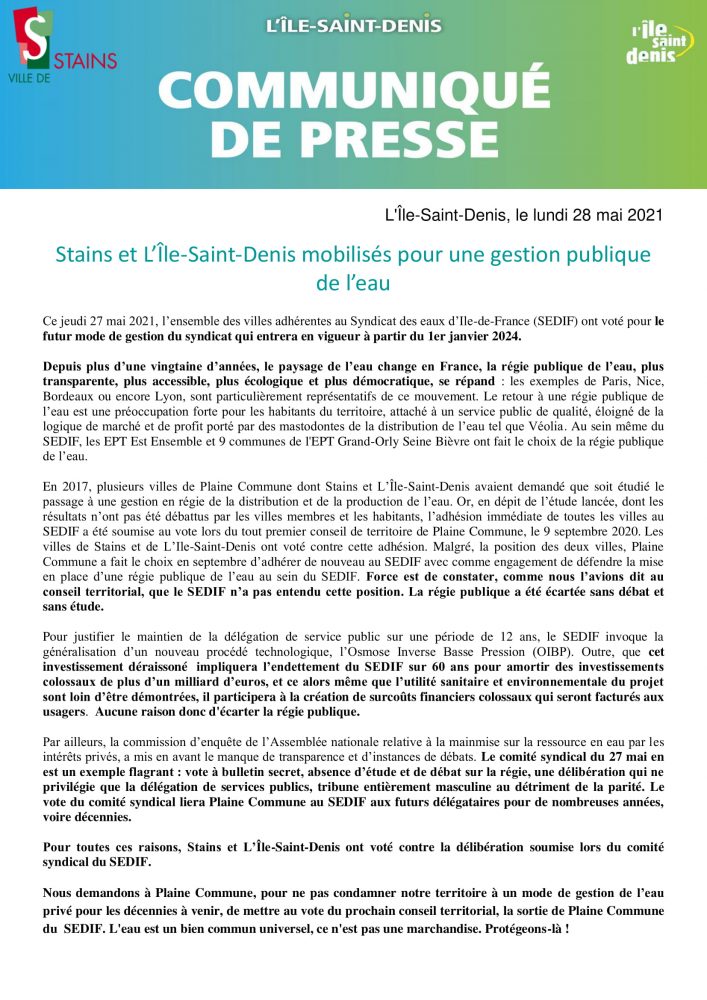 Communiqué de Presse - Stains et L’Île Saint Denis mobilisés pour une gestion publique de l’eau - Ville de Stains