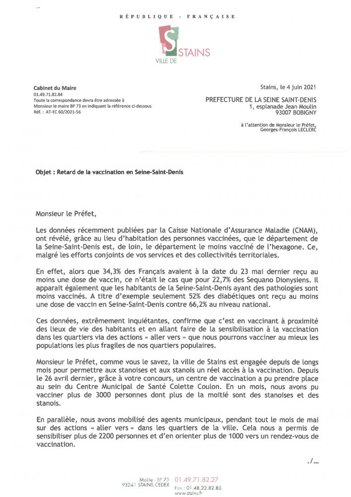 Le Maire interpelle le préfet sur le retard de la vaccination en Seine-Saint-Denis - 1 - Ville de Stains