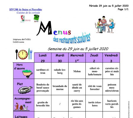 Menus restaurants Scolaires 29 Juin Au 5 Juillet 2020