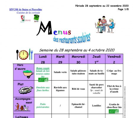 Menus scolaires du 28 septembre au 22 novembre