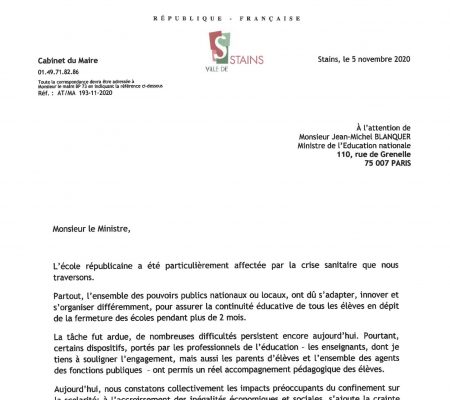 Courrier à l'attention de M. Jean Michel BLANQUER - Ministre de l'Education Nationale - Page 1