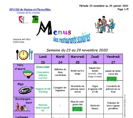 Menus Scolaires Du 23 Novembre Au 24 Janvier 2021 - Page 1 - Ville de Stains