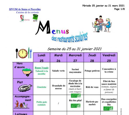 menus scolaires janvier à mars 2021 - Ville de Stains