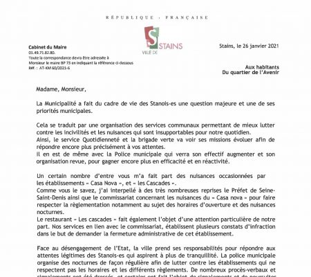 Courrier du Maire Azzédine Taïbi aux habitants des quartiers Maroc & Avenir - Ville de Stains