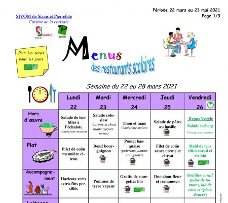 menus scolaires mars à mai 2021 - Ville de Stains