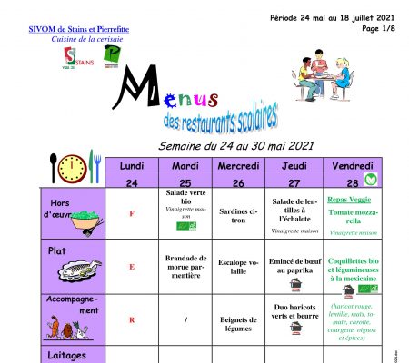 menus scolaires mai à juillet 2021 - Ville de Stains