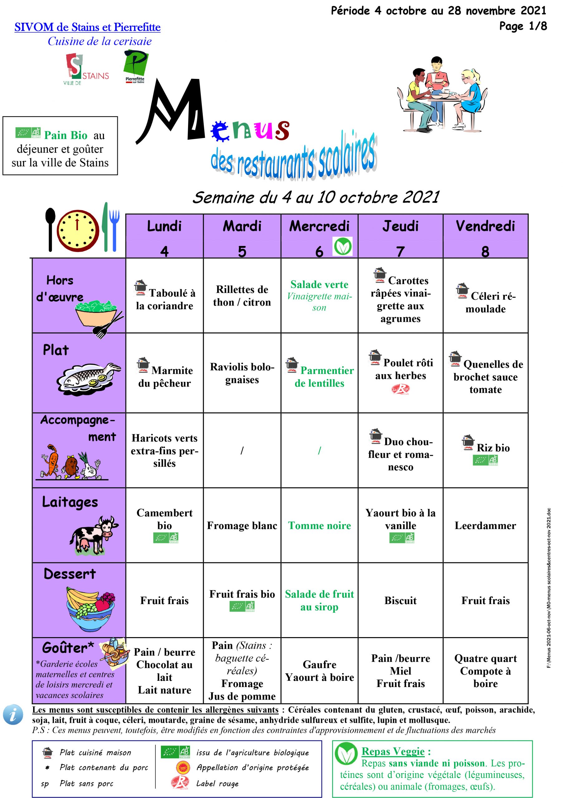 Menus scolaires et centres de loisirs du 4 octobre au 28 novembre 2021 ...