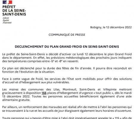 Communiqué de Presse du Préfet - Déclenchement du Plan Grand Froid en Seine-Saint-Denis - Ville de Stains