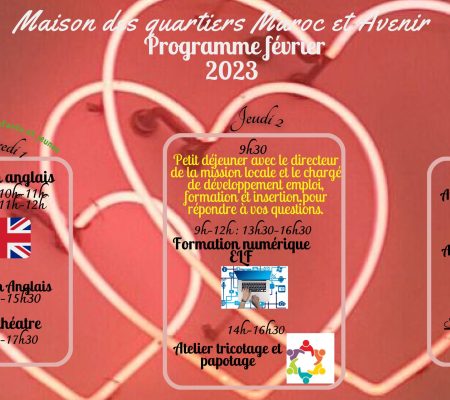 Maison des Quartiers Maroc & Avenir - Programme de février 2023