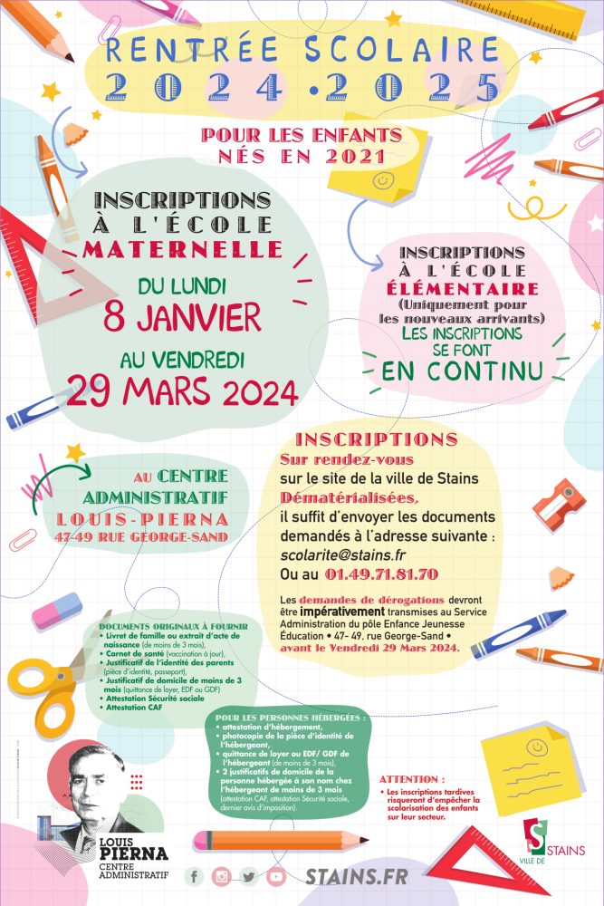 Rentrée Scolaire 2024 / 2025 Inscription à l'école maternelles pour